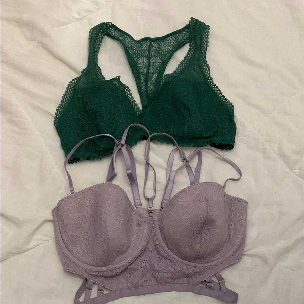Victorias Secret Lace Bralette and Underwire Bra Set - Green and Purple